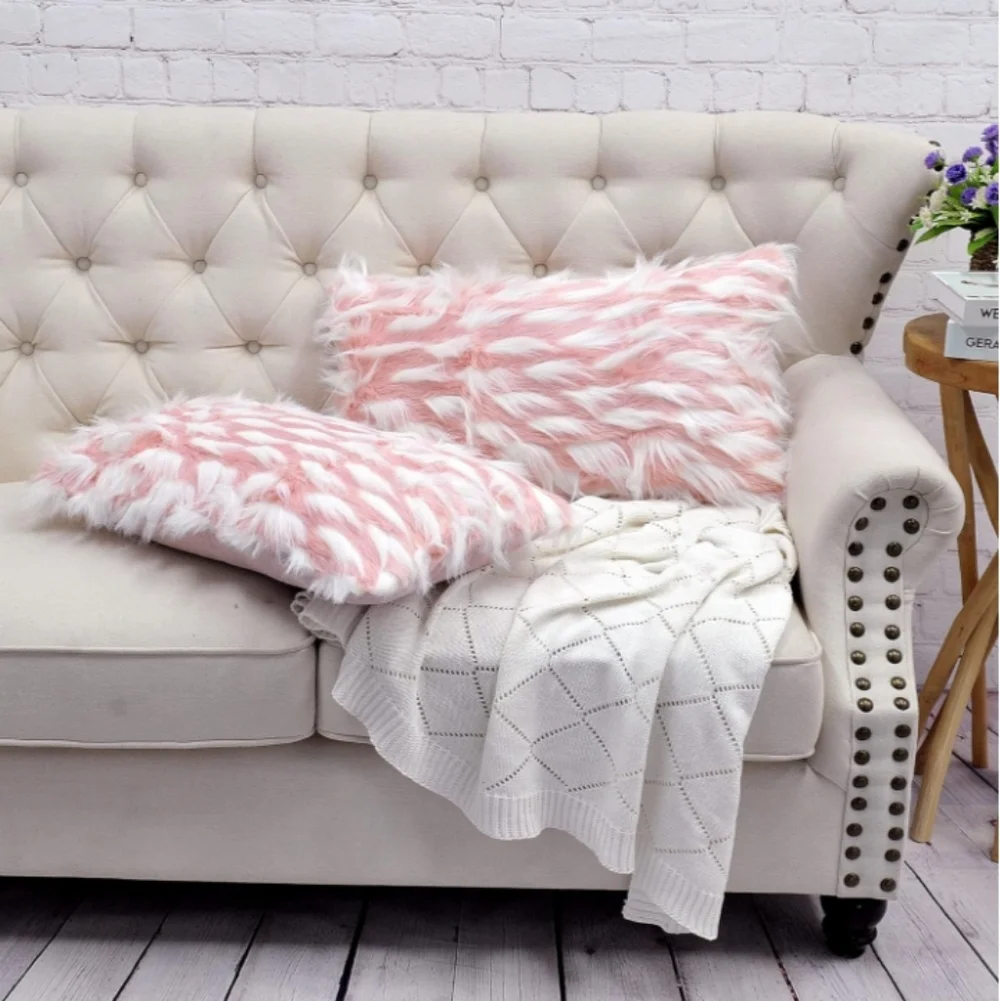 Set of 2 Blush Pink Feathery Fur Pillow Covers Chic Luxury Home Accent Decor